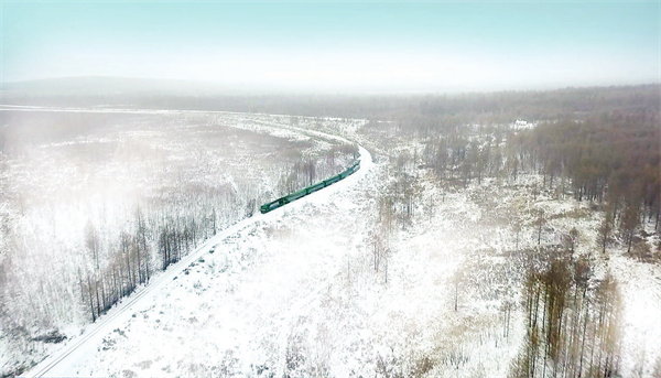 列车穿行在林海雪原间